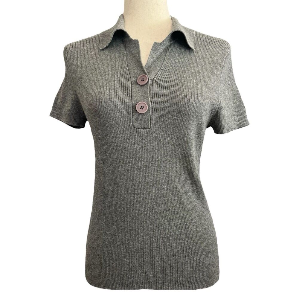 Ann Taylor Tenniscore Ribbed Cotton Top Size L Gray Collared Old Money Preppy